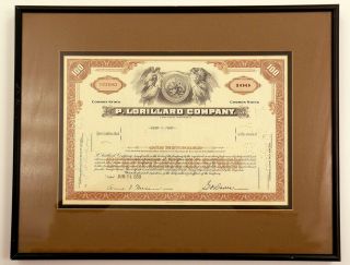 Vintage P.  Lorillard Company Stock Certificate - 100 Shares - Framed 17 " X13 1/4 "