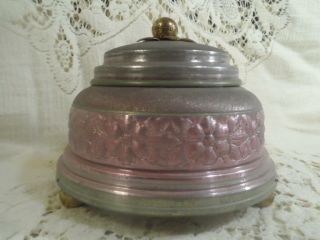 Antique Plum Stained Metal Tin Ball Footed Musical Vanity Powder Box & Puff