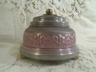 Antique Plum Stained Metal Tin Ball Footed Musical Vanity Powder Box & Puff 2
