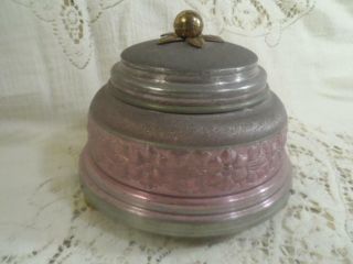 Antique Plum Stained Metal Tin Ball Footed Musical Vanity Powder Box & Puff 3