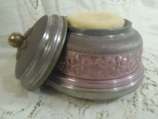 Antique Plum Stained Metal Tin Ball Footed Musical Vanity Powder Box & Puff 8