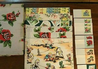 Box Of 6 Designs 1950s Wrapping Paper 13 Sheets 10 Tags Retro Nos Cowboys Mcm