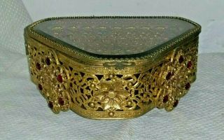 Vintage Jeweled Ormulu Beveled Glass Jewelry Casket Box,  Triangular Shape