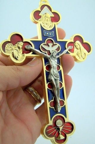 Huge 5 1/2 " Gold Enameled Pectoral Cross W/ Angels & Chalice Rare Religious