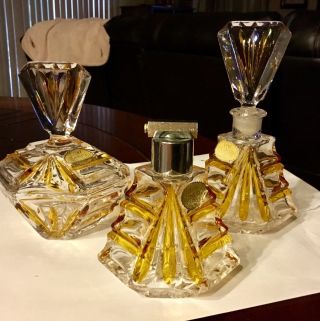 Bleikristall Art Deco Amber Glass Perfume Bottle Atomizer Powder Box Dresser Set