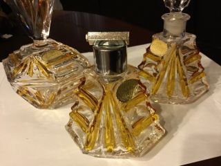 Bleikristall Art Deco Amber Glass Perfume Bottle Atomizer Powder Box Dresser Set 2