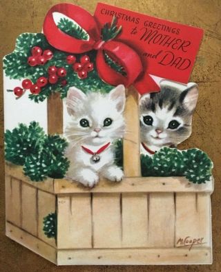 M Cooper Die Cut Kittens In A Basket Vintage Mid Century Christmas Card