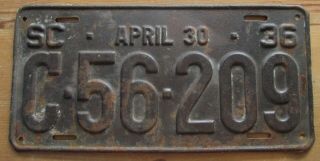 South Carolina 1936 Solid Metal Restorable License Plate C - 56 - 209
