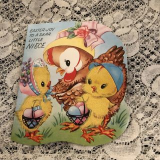 Vintage Greeting Card Birthday Easter Hen Chickens Niece