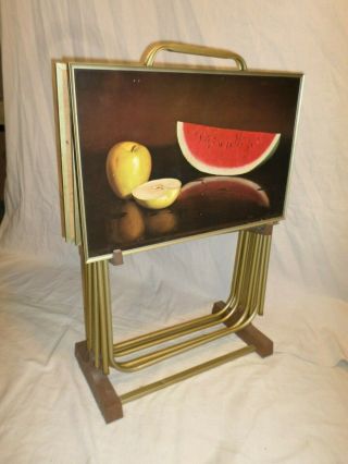 Vintage Set Of Four (4) Tv Trays /w Stand - " Still Life Fruit " - Pristine