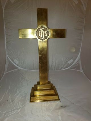 Vintage Antique Church Solid Polished Brass Altar Cross Religious Ihs Catholiic