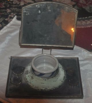 Vintage Antique Metal Shaving Stand With Mirror,  Cup