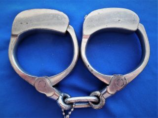 antique MARKED - 1882 BEAN cowboy marshal prison spurs handcuffs leg irons w key 4