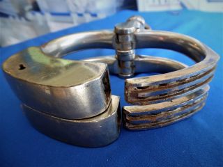 antique MARKED - 1882 BEAN cowboy marshal prison spurs handcuffs leg irons w key 5