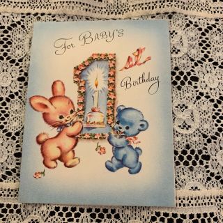 Vintage Greeting Card Baby 1st Birthday Pink Bunny Blue Bear Rust Craft