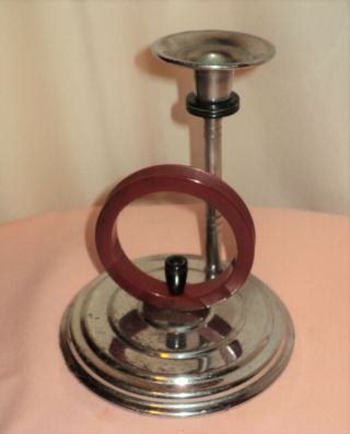 Art Deco Chrome Candle Holder W/ Bakelite Circle Disc - Unusual Style Mcm