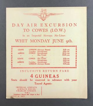 Imperial Airways Airline Timetable London - Cowes Isle Of Wight 1930