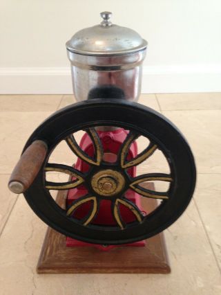 Vintage Heavy Cast Iron Coffee Grinder In Red Hand Crank Wheel