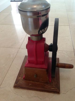 Vintage Heavy Cast Iron Coffee Grinder in Red Hand Crank Wheel 2