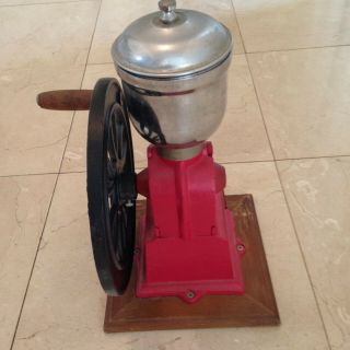 Vintage Heavy Cast Iron Coffee Grinder in Red Hand Crank Wheel 3