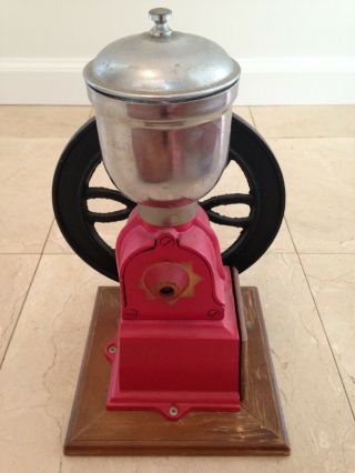 Vintage Heavy Cast Iron Coffee Grinder in Red Hand Crank Wheel 7