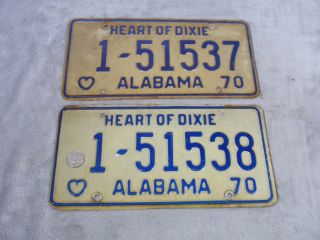 2 - 1970 Alabama Automobile License Plate Tag Heart Of Dixie Consecutive Numbers