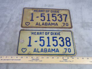 2 - 1970 Alabama Automobile License Plate Tag Heart Of Dixie CONSECUTIVE NUMBERS 2