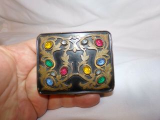 Antique French Depose Rhinestone & Etched Brass Powder Compact