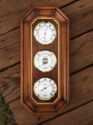 Vintage Walnut Springfield Made In France Weather Station Barometer Thermometer
