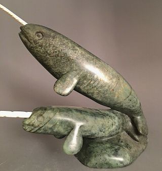 Inuit Art Eskimo Carving Sculpture stone collector Narwhales Hotman 52938 1999 4