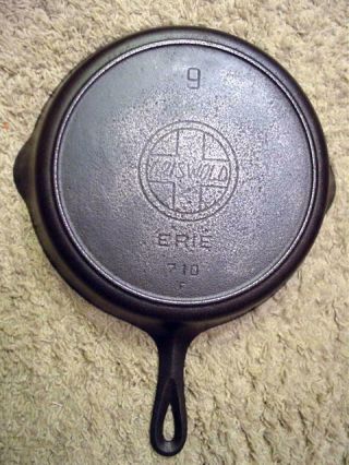 Griswold 9 Cast Iron Skillet Erie 710f Slant Large Logo & Heat Ring Early 1900s