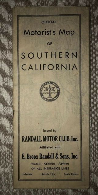 Vintage 1920’s Official Motorist Map Of Southern California Randall Motor Club