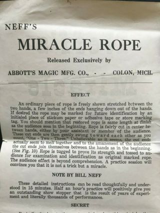 Neff ' s Miracle Rope by Abbott ' s Magic Mfg.  Co.  - vintage magic trick - Bill Neff 4