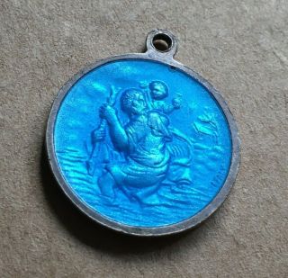 Vtg Sterling Silver Pearl Azure Blue 2 - Sided Enamel St.  Christopher Medal Italy