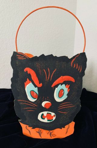 Vintage Style Primitive Halloween Bucket Paper Mache Angry Black Cat Hand Paint