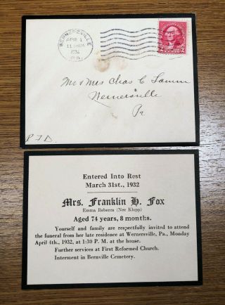 1932 Death Notice Card Black Border Envelope Franklin Fox Wernersville Pa