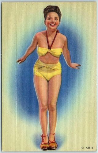 1940s Pin - Up Girl Postcard Brunette Girl Yellow Bathing Suit Mwm Linen Ab515