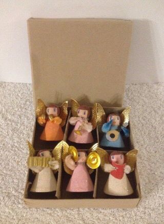 6 Vtg Angels Spun Cotton Mica Chenille Instrument Christmas Ornament Japan Box