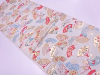 87567 Japanese Kimono / Antique Fukuro Obi / Woven Folding Fan