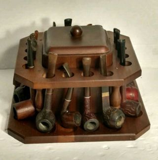 Vintage Wooden 16 Tobacco Pipe Holder Stand w/wooden Lined Humidor with Pipes 2