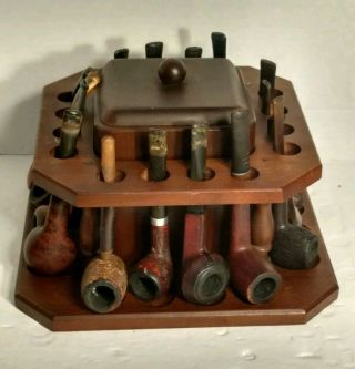 Vintage Wooden 16 Tobacco Pipe Holder Stand w/wooden Lined Humidor with Pipes 3