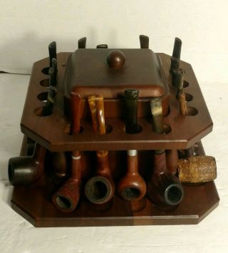 Vintage Wooden 16 Tobacco Pipe Holder Stand w/wooden Lined Humidor with Pipes 4