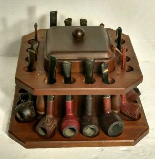 Vintage Wooden 16 Tobacco Pipe Holder Stand w/wooden Lined Humidor with Pipes 5