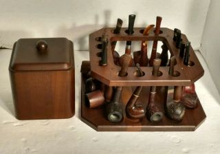 Vintage Wooden 16 Tobacco Pipe Holder Stand w/wooden Lined Humidor with Pipes 6