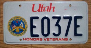 Single Utah License Plate - E037e - Honors Veterans - Army