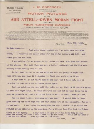 1910 Letterhead - J.  W.  Coffroth Motion Pictures - Abe Attell - Owen Moran Fight