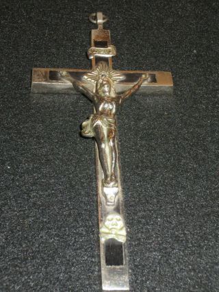 Antique Wall Crucifix Nickel Over Brass Ebony Wood Inlay 7 