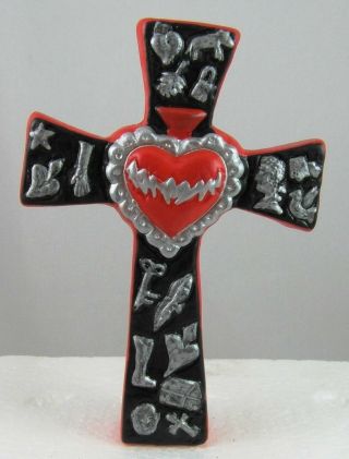 Sacred Heart And Milagros Cross Handpainted Clay Peru Ceramic