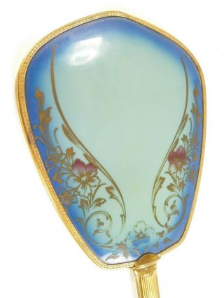 Vintage Bakelite Blue Floral Oval Hand Held Art Deco Vanity Mirror 12 " X 5 "