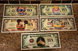 (5) Disney Dollars $10 (2005 - 2007 - 2008 - 2009 - 2014)